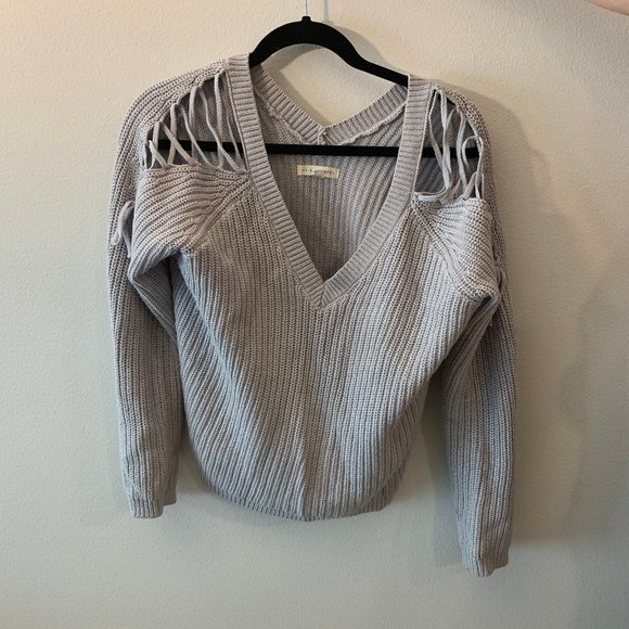 LA Hearts Grey Lace-Up Cold Shoulder Sweater - Picture 6 of 7